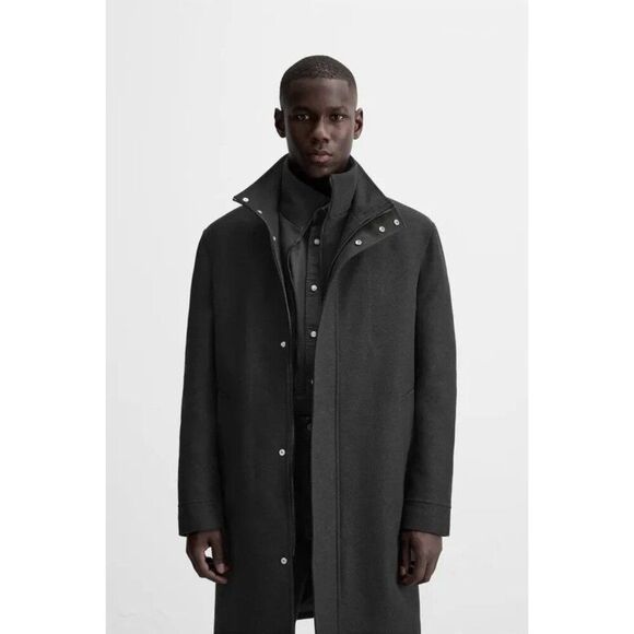 Zara Mens Overcoat Coat Mid length Medium M Gray Removeable Collar 6494/602 NWT - Picture 3 of 15